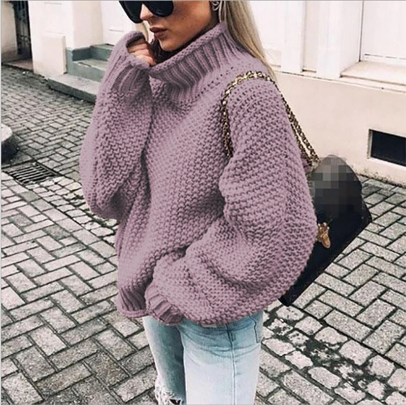 Women's Popcorn Knit Turtleneck Sweater in Purple - front view