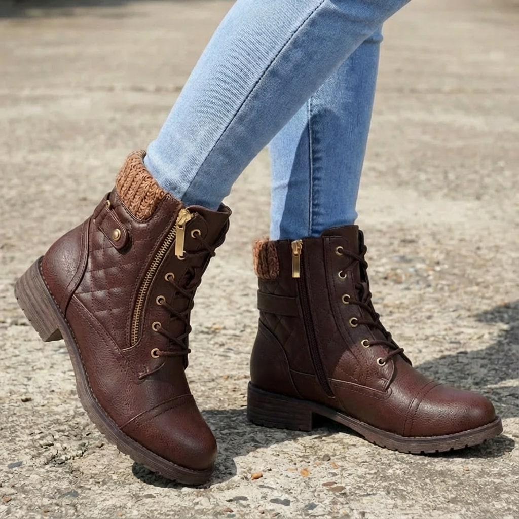 Women's Quilted Lace-Up Ankle Boots in Dark Brown - alternate angle showing fit and fabric detail