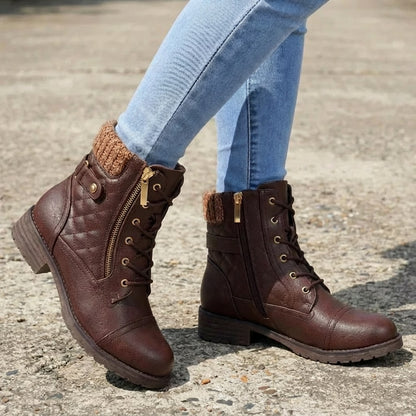 Women's Quilted Lace-Up Ankle Boots in Dark Brown - alternate angle showing fit and fabric detail