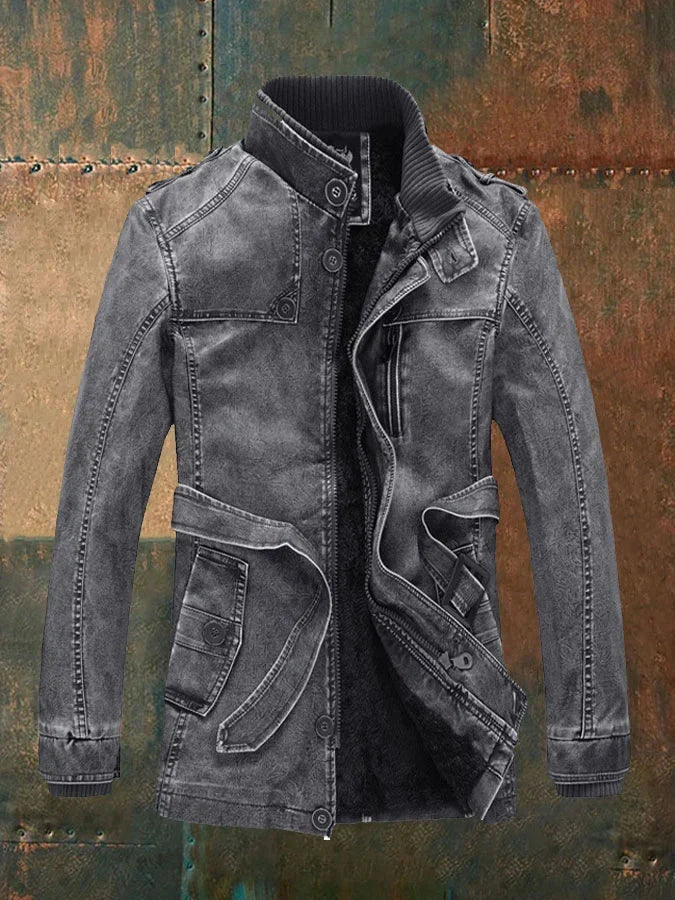 Men's Vintage Faux Leather Jacket with Belted Waist in Black - front view