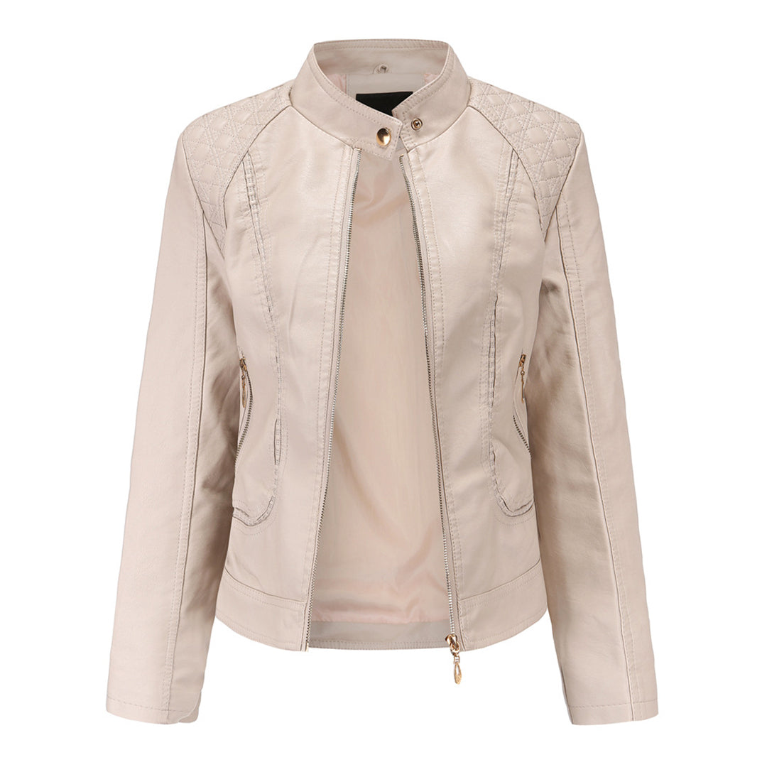 Women's Leather-Look Stand Collar Jacket in Beige - front view