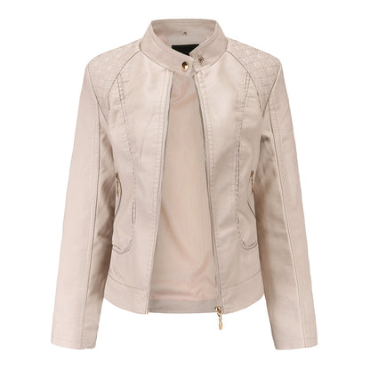 Women's Leather-Look Stand Collar Jacket in Beige - front view