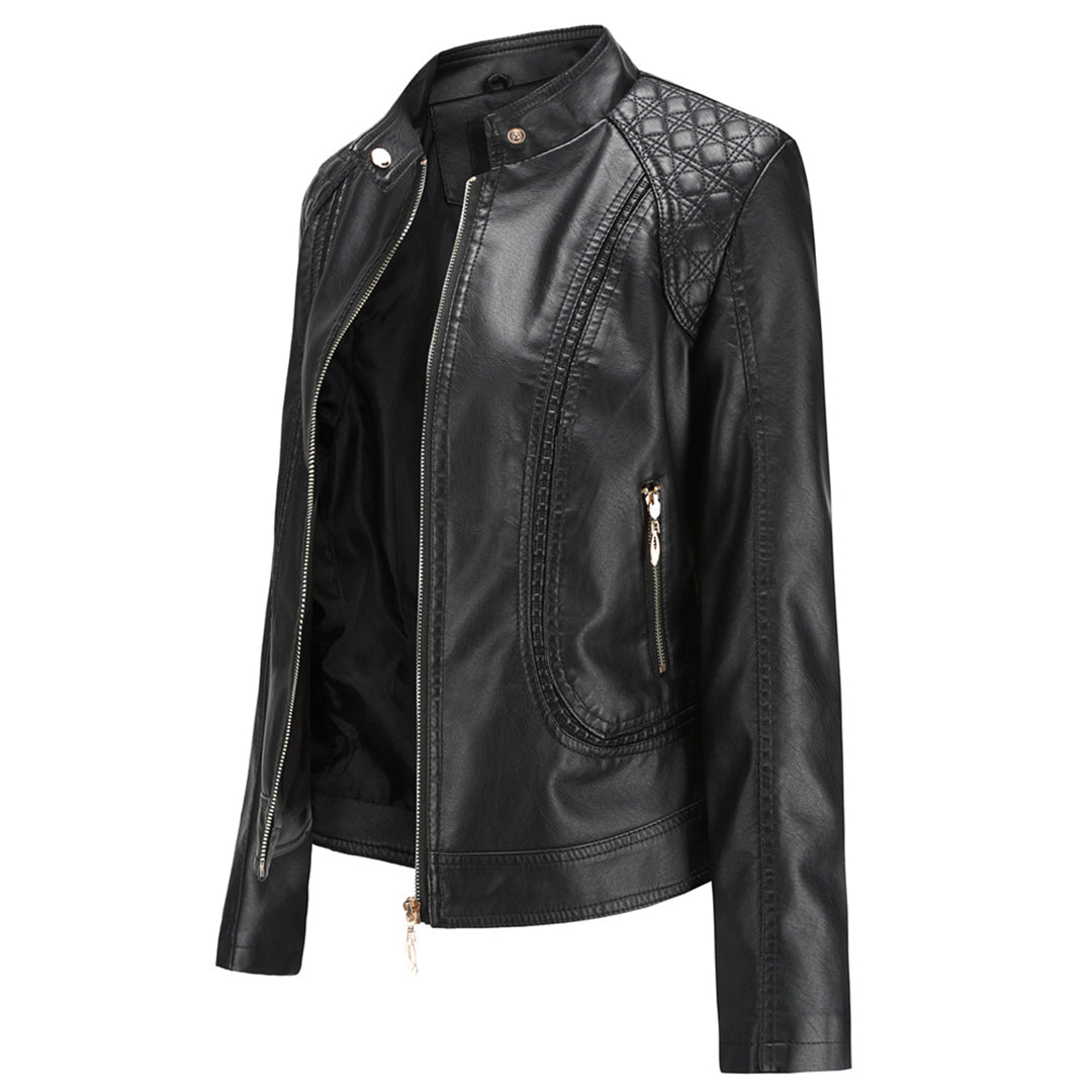 Women's Leather-Look Stand Collar Jacket in Grey - alternate angle showing fit and fabric detail