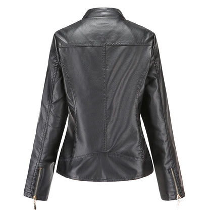 Women's Leather-Look Stand Collar Jacket in Grey - alternate angle showing fit and fabric detail