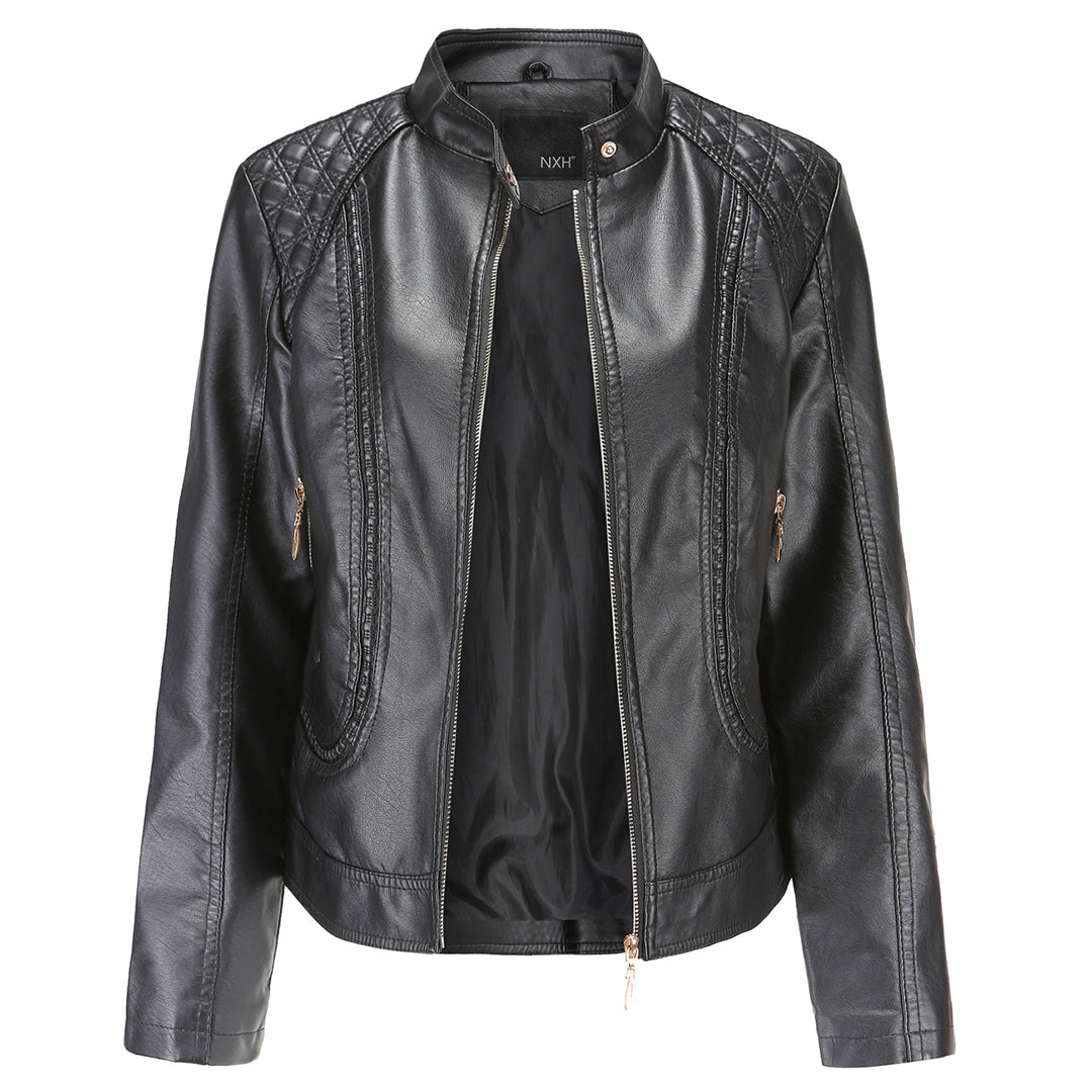 Women's Leather-Look Stand Collar Jacket in Black - front view