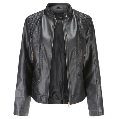 Women's Leather-Look Stand Collar Jacket in Black - front view