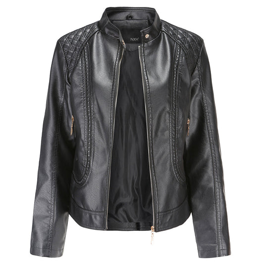 Women's Leather-Look Stand Collar Jacket in Black - front view
