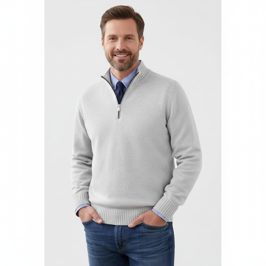 Men's Quarter-Zip Knit Sweater in White - front view