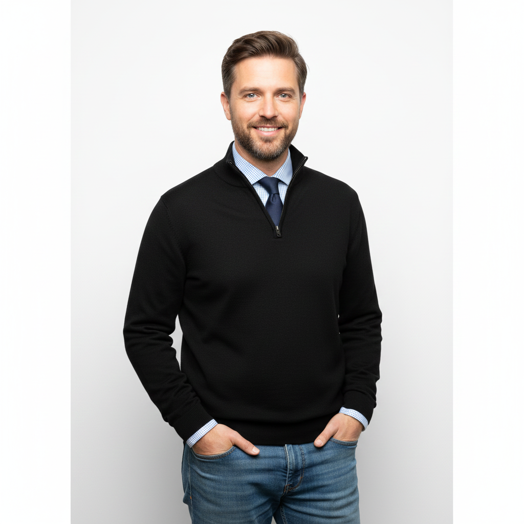 Men's Quarter-Zip Knit Sweater in Black - front view