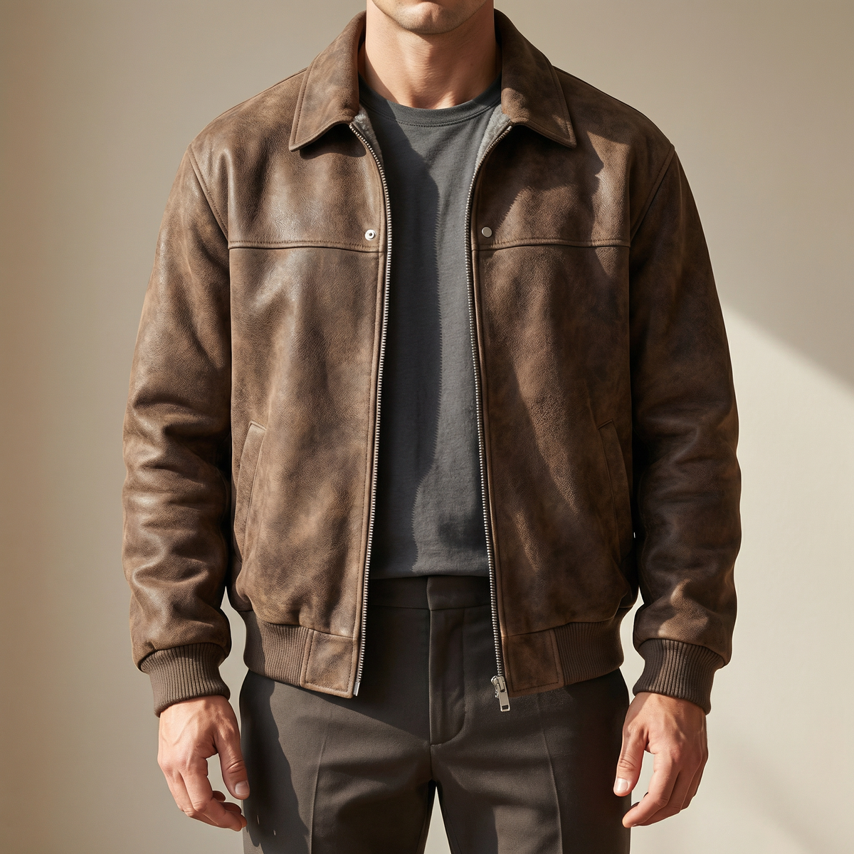 Men's Suede-Look Bomber Jacket in Brown - front view