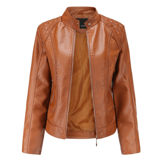 Women's Leather-Look Stand Collar Jacket in Brown - front view