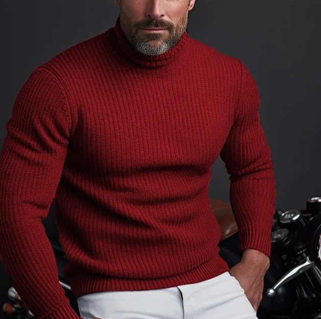 Men's Ribbed Mock Neck Sweater in Red - front view