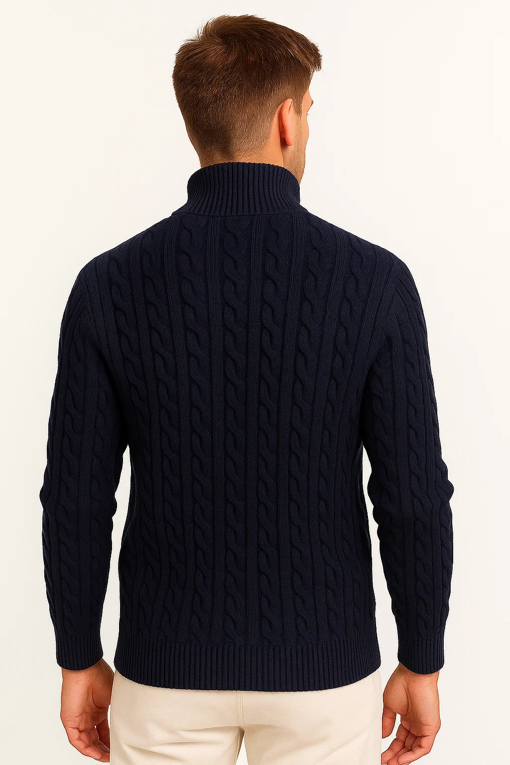 Men's Cable Knit Quarter-Zip Sweater in Dark Blue - alternate angle showing fit and fabric detail