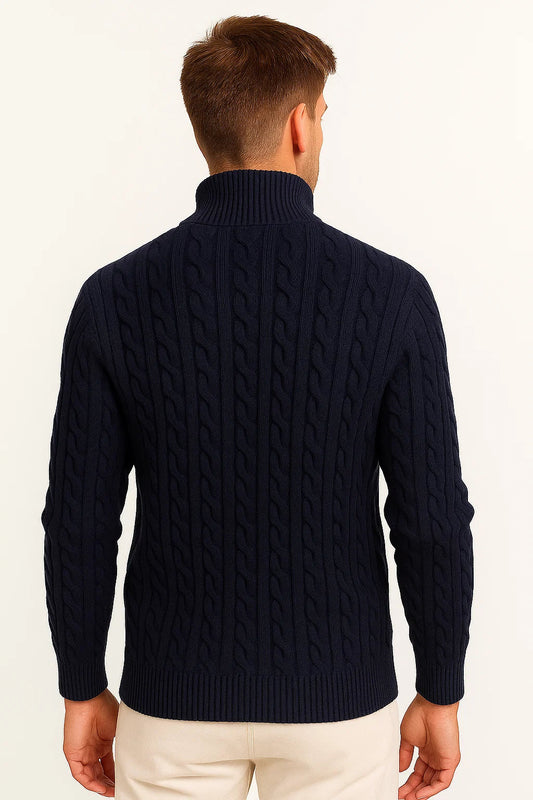 Men's Cable Knit Quarter-Zip Sweater in Dark Blue - alternate angle showing fit and fabric detail