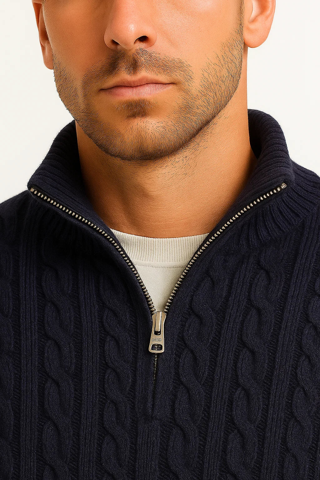 Men's Cable Knit Quarter-Zip Sweater in Light Gray - alternate angle showing fit and fabric detail