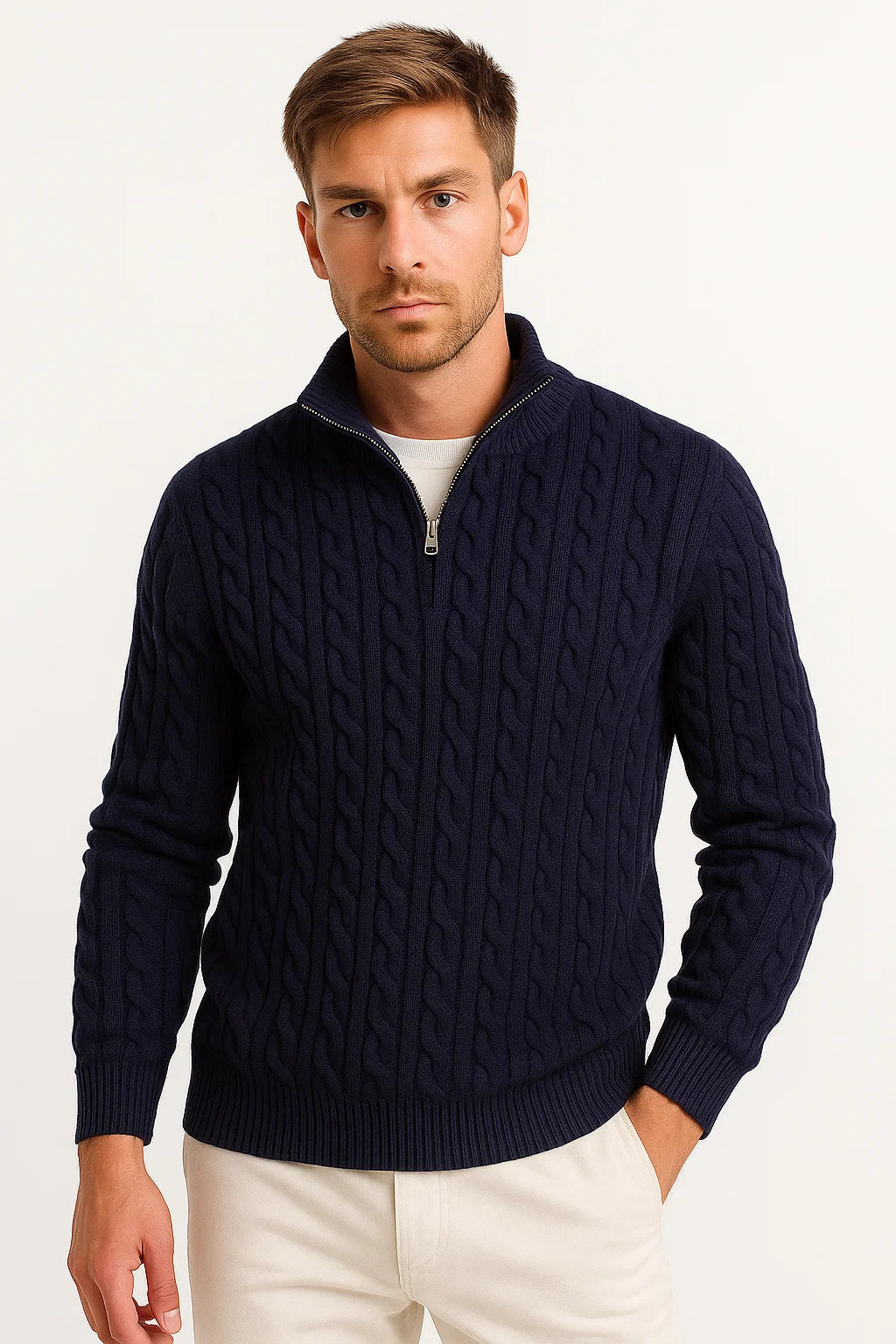 Men's Cable Knit Quarter-Zip Sweater in Light Gray - alternate angle showing fit and fabric detail