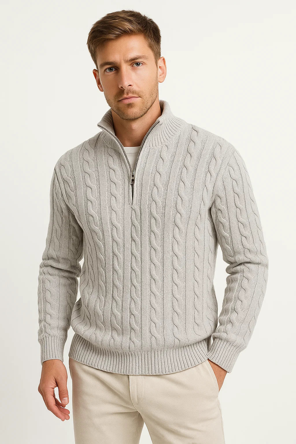 Men's Cable Knit Quarter-Zip Sweater in Light Gray - front view