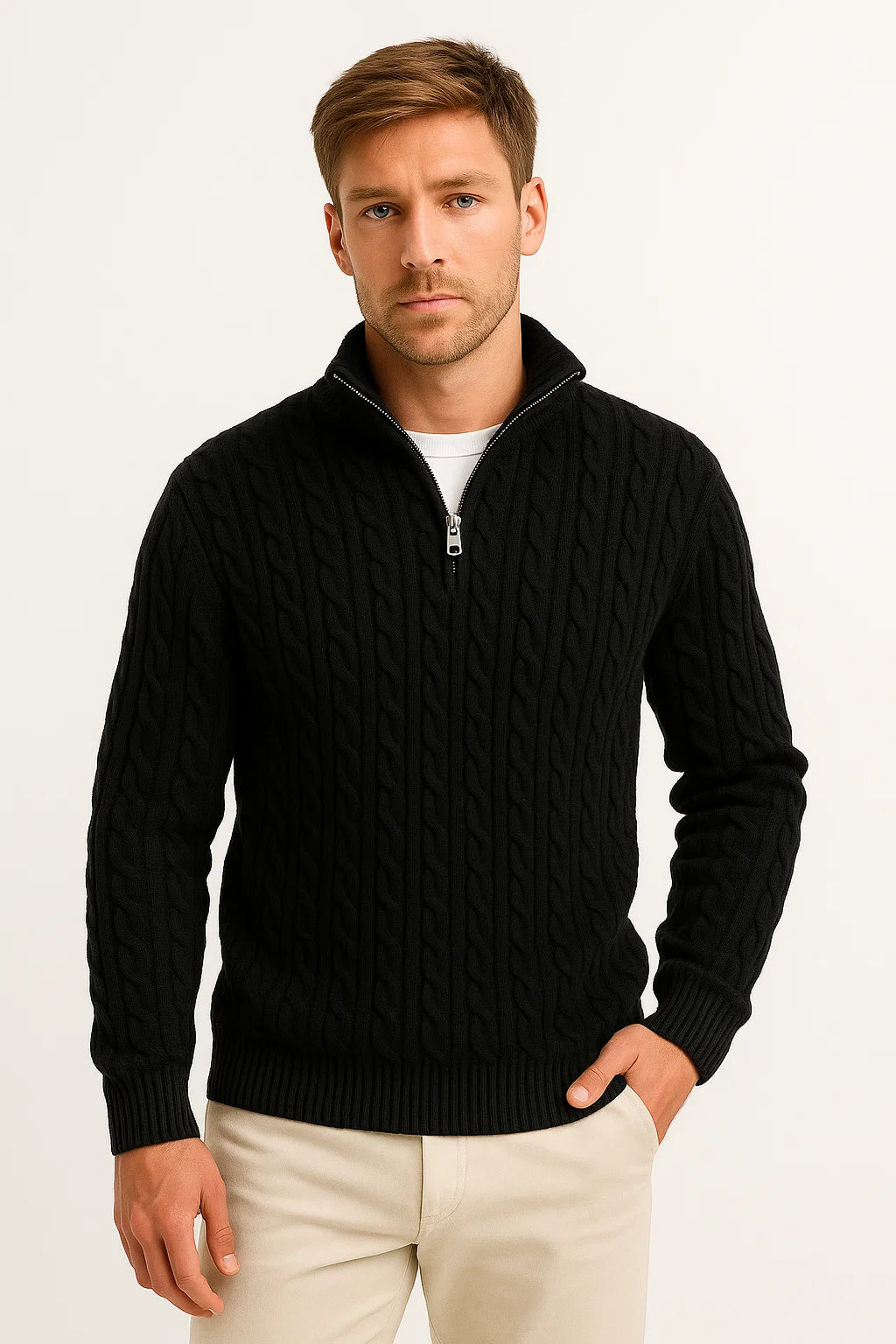 Men's Cable Knit Quarter-Zip Sweater in Black - front view