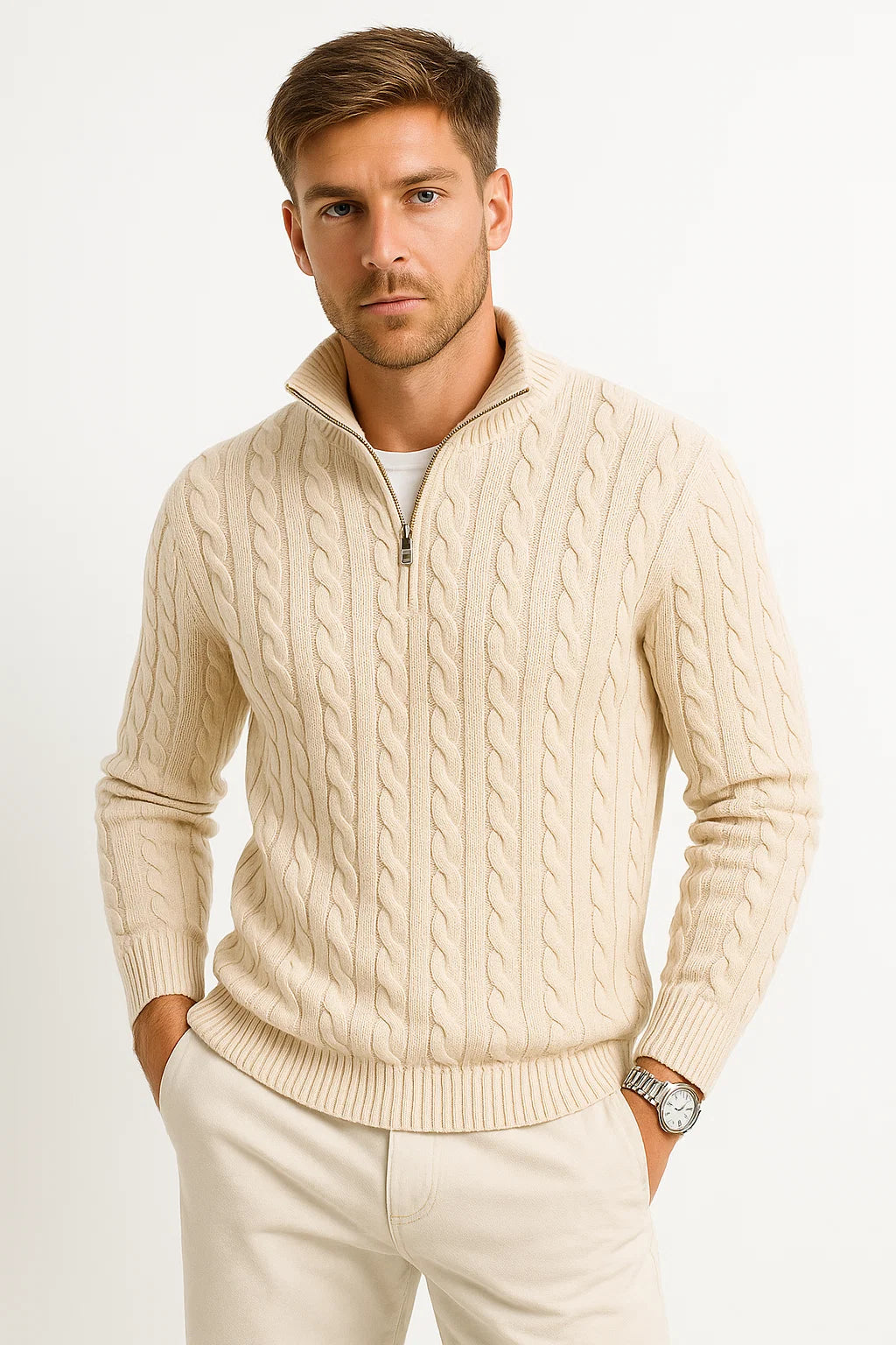 Men's Cable Knit Quarter-Zip Sweater in Beige - front view