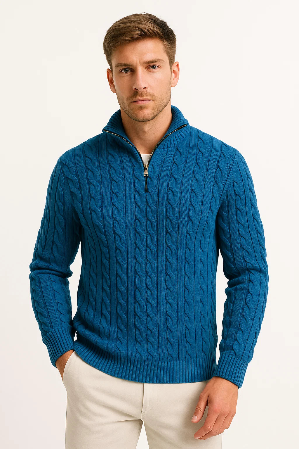 Men's Cable Knit Quarter-Zip Sweater in Teal - front view