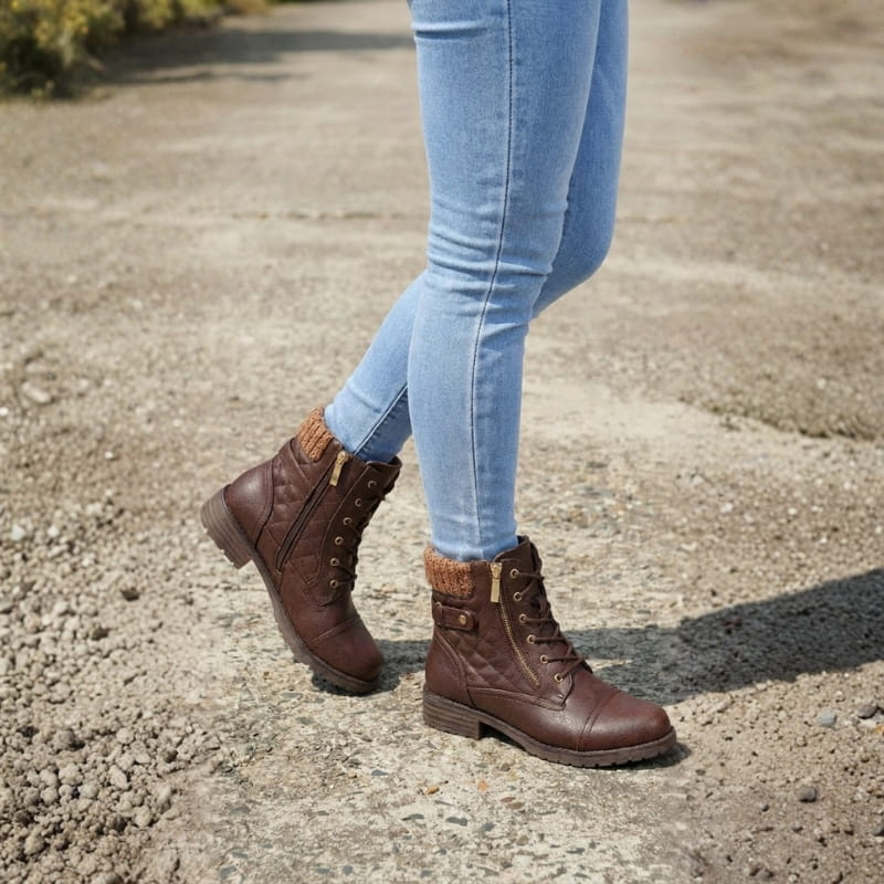 Women's Quilted Lace-Up Ankle Boots in Dark Brown - alternate angle showing fit and fabric detail
