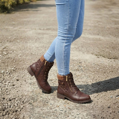 Women's Quilted Lace-Up Ankle Boots in Dark Brown - alternate angle showing fit and fabric detail