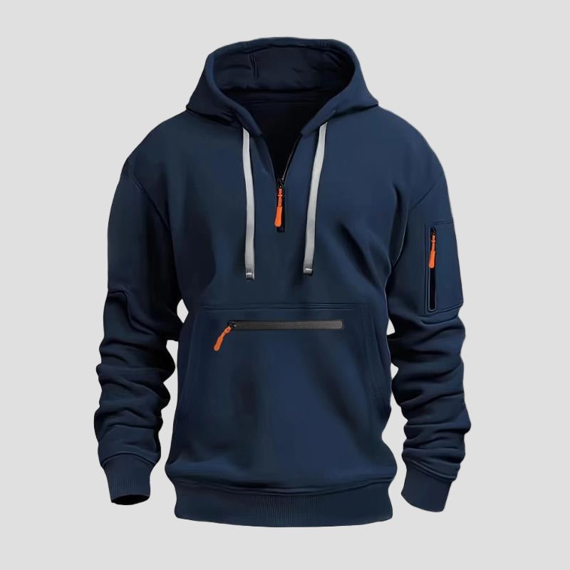 Men's Half-Zip Hoodie with Kangaroo and Sleeve Pockets in Navy - front view