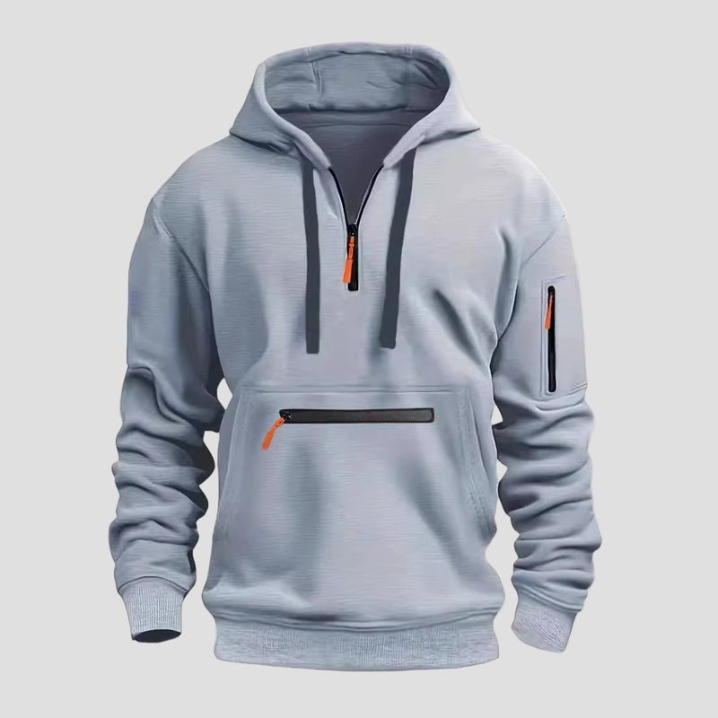 Men's Half-Zip Hoodie with Kangaroo and Sleeve Pockets in Light Grey - front view