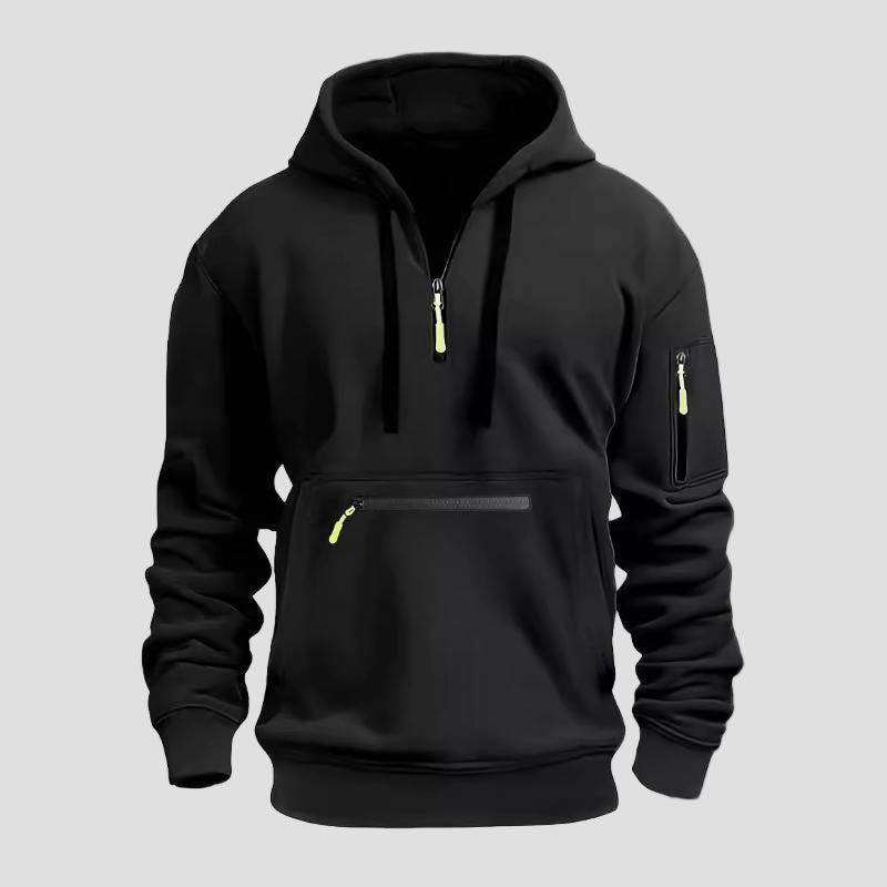 Men's Half-Zip Hoodie with Kangaroo and Sleeve Pockets in Black - front view