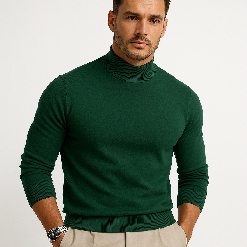 Men's Slim Fit Mock Neck Sweater in Green - front view