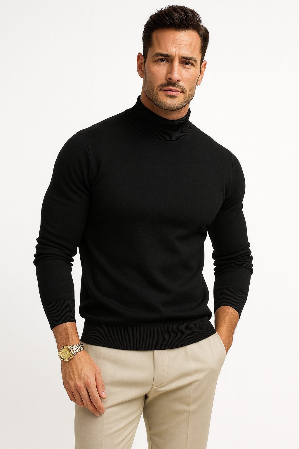Men's Slim Fit Mock Neck Sweater in Blue - alternate angle showing fit and fabric detail