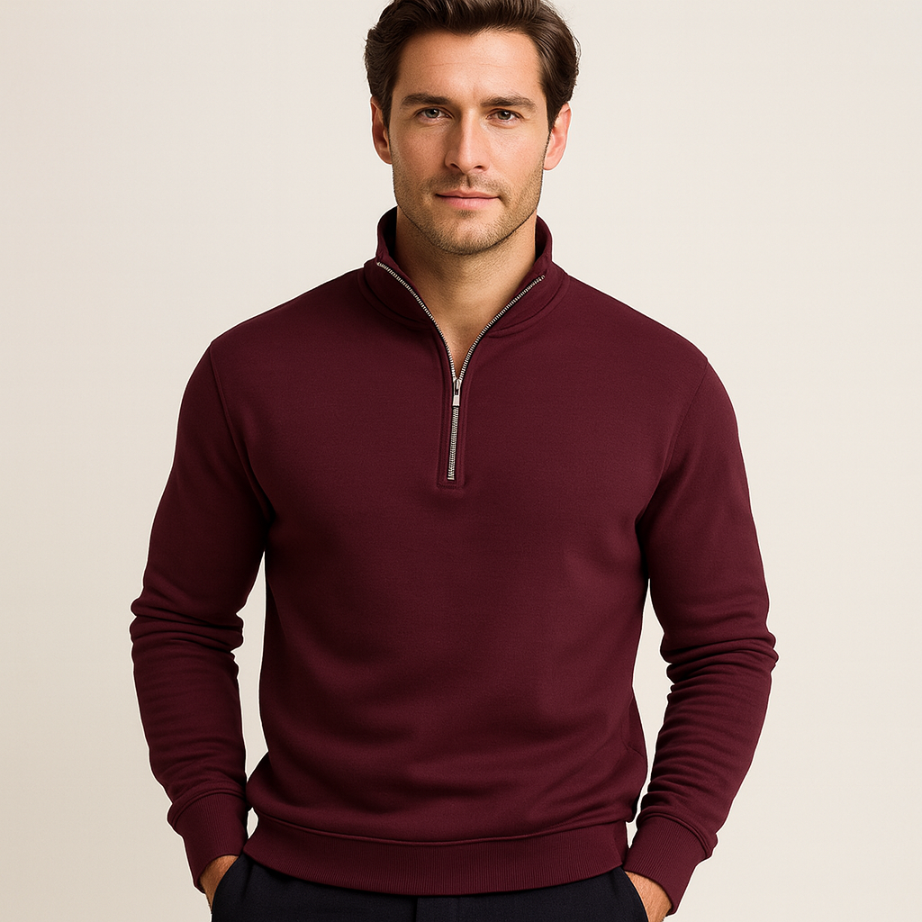 Men's Half-Zip Sweatshirt with Stand Collar in Dark Red - front view