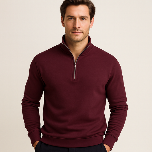 Men's Half-Zip Sweatshirt with Stand Collar in Dark Red - front view