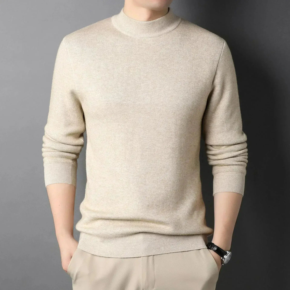 Men's Soft Knit Mock Neck Pullover in Beige - front view
