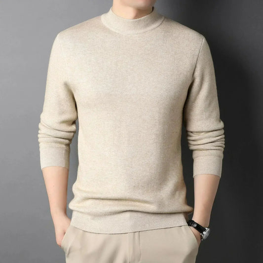 Men's Soft Knit Mock Neck Pullover in Beige - front view