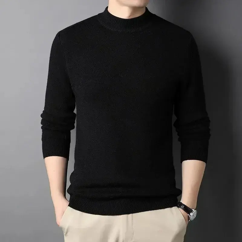Men's Soft Knit Mock Neck Pullover in Black - alternate angle showing fit and fabric detail