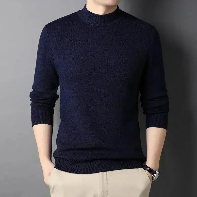 Men's Soft Knit Mock Neck Pullover in Royal Blue - alternate angle showing fit and fabric detail