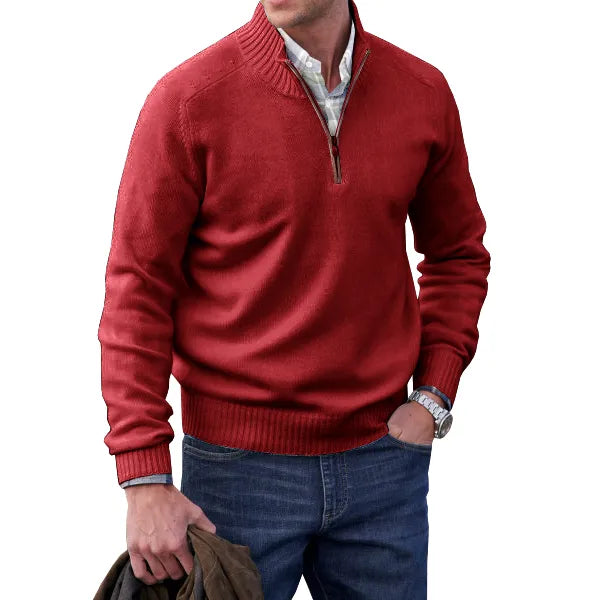 Men's Waffle Knit Quarter-Zip Sweater in Red - front view