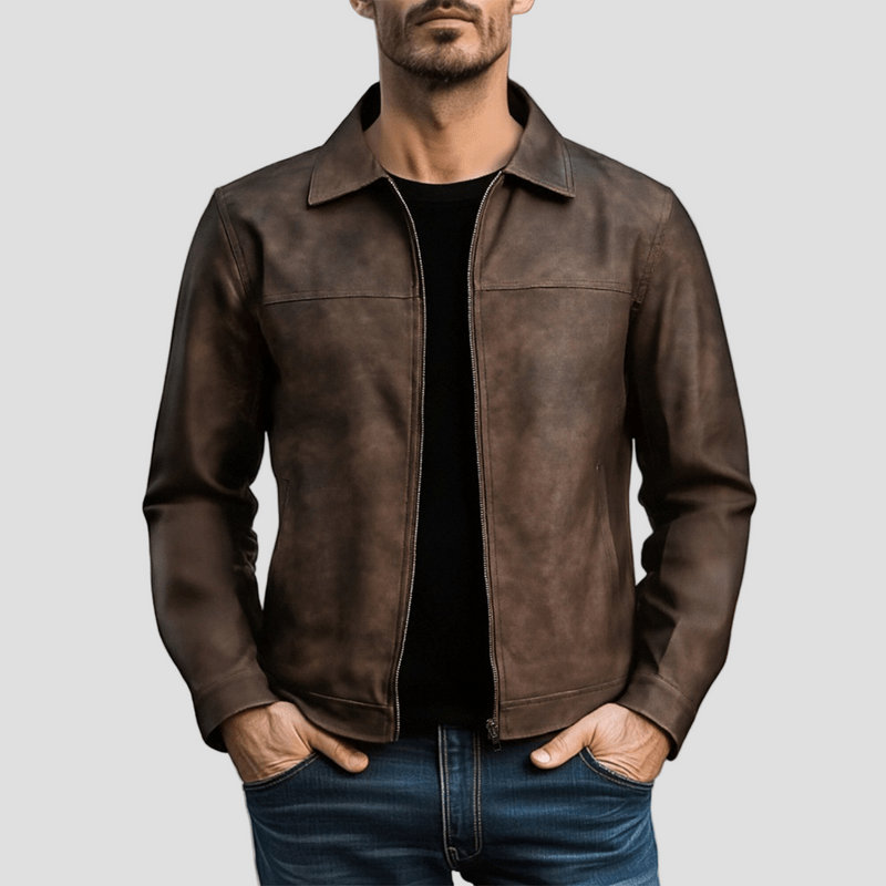 Men's Vintage Faux Suede Trucker Jacket in Brown - front view