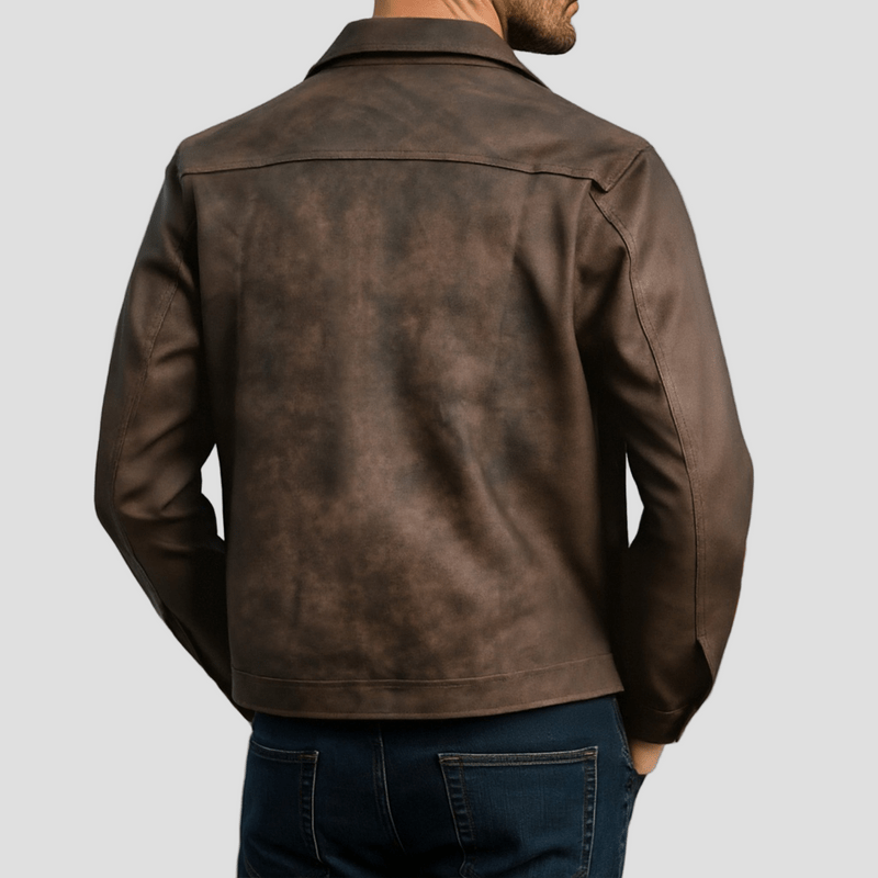 Men's Vintage Faux Suede Trucker Jacket in Brown - alternate angle showing fit and fabric detail