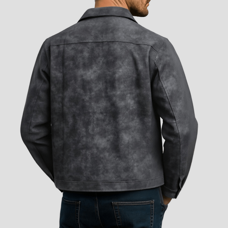 Men's Vintage Faux Suede Trucker Jacket in Brown - alternate angle showing fit and fabric detail