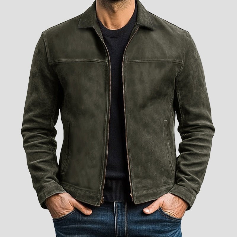 Men's Vintage Faux Suede Trucker Jacket in Army Green - front view