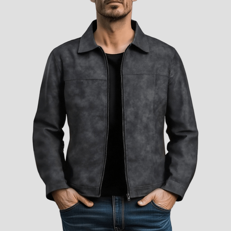 Men's Vintage Faux Suede Trucker Jacket in Black - front view