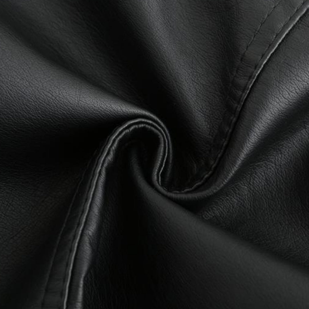 Women's Leather-Look Stand Collar Jacket in Grey - alternate angle showing fit and fabric detail