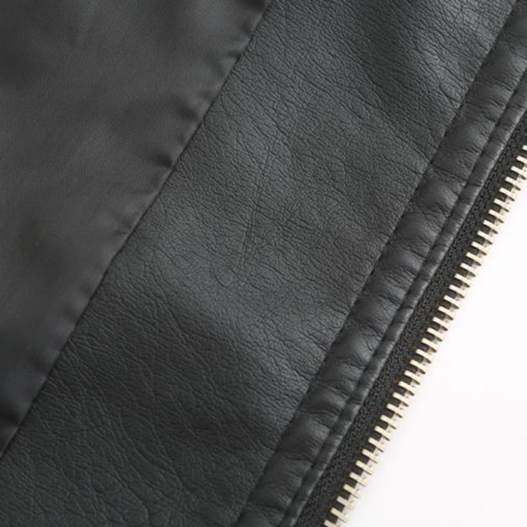 Women's Leather-Look Stand Collar Jacket in Grey - alternate angle showing fit and fabric detail