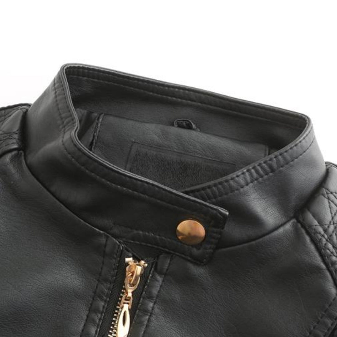 Women's Leather-Look Stand Collar Jacket in Grey - alternate angle showing fit and fabric detail