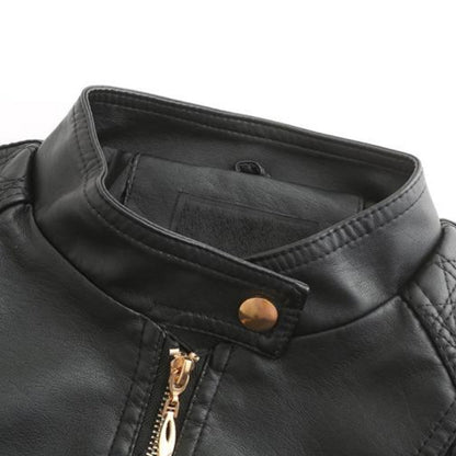 Women's Leather-Look Stand Collar Jacket in Grey - alternate angle showing fit and fabric detail