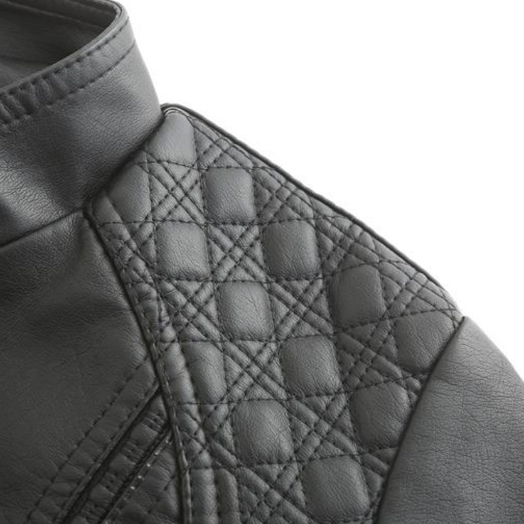 Women's Leather-Look Stand Collar Jacket in Grey - alternate angle showing fit and fabric detail