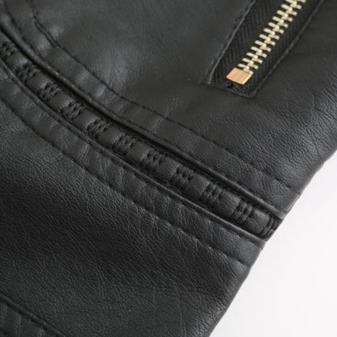 Women's Leather-Look Stand Collar Jacket in Grey - alternate angle showing fit and fabric detail