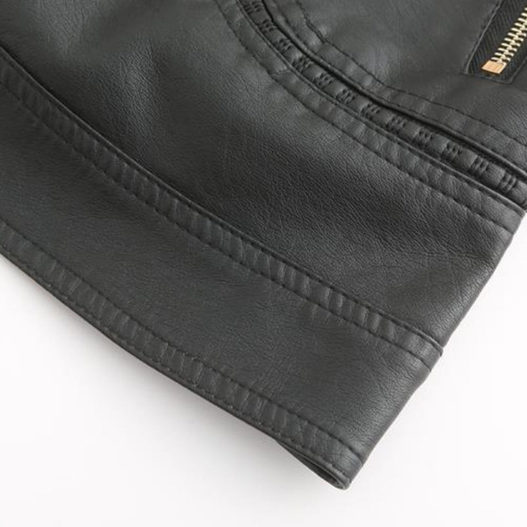 Women's Leather-Look Stand Collar Jacket in Grey - alternate angle showing fit and fabric detail